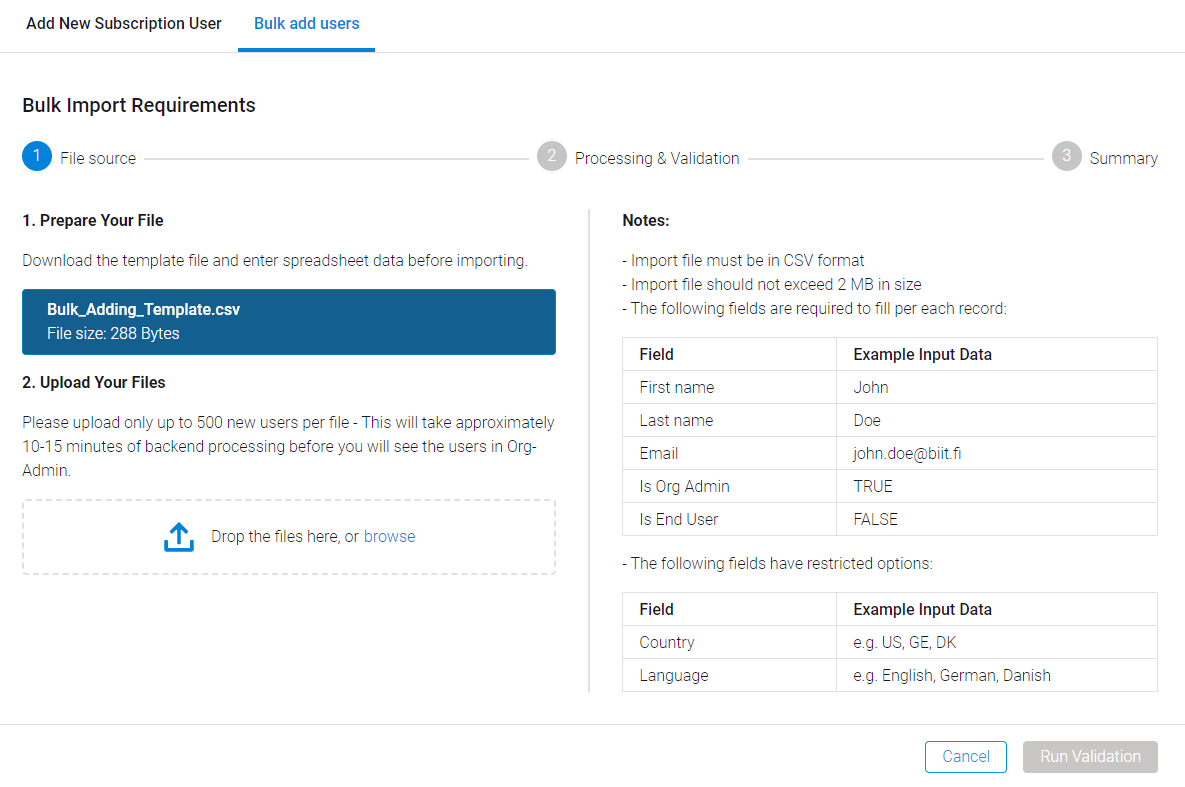 Dialoogvenster voor het toevoegen van meerdere gebruikers in Org Admin Portal