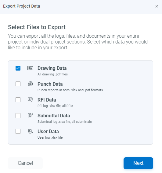 Eksporter tegningdata i Bluebeam Cloud