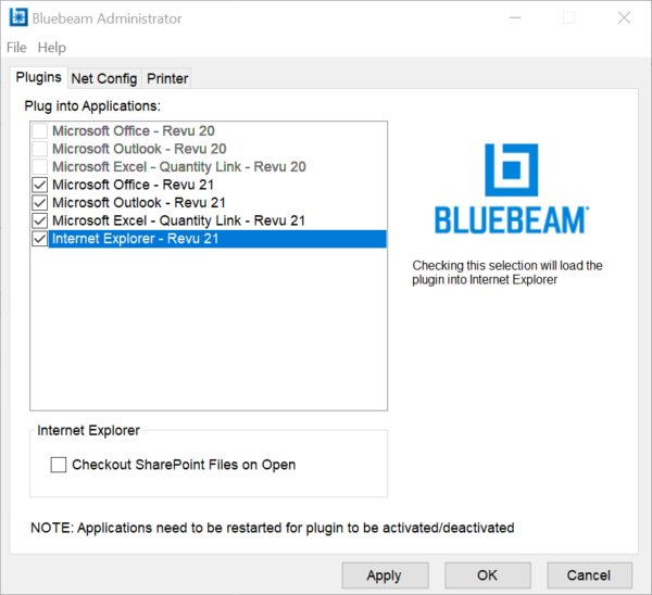 Registerkarte „Bluebeam Administrator-Plug-ins“